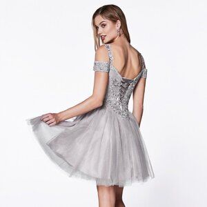 NEW SILVER OFF THE SHOULDER LACE A-LINE DRESS WITH LACED UP BACK & STRAPS CD0132
